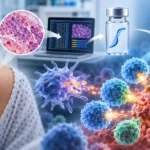 환자의 종양 유전정보를 분석해 맞춤형 mRNA 암 백신을 제작하고, 활성화된 면역세포가 암세포를 공격하는 과정을 표현한 의료 일러스트